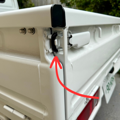 Black Honda Acty Kei Truck Bed Latch Protectors on rear latch